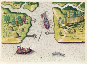 Ranskalaiset löytävät kaksi muuta jokea, teoksesta "Brevis Narratio...", jonka on kaiverruttanut Theodore de Bry (1528-98) ja julkaissut Frankfurtissa vuonna 1591.
